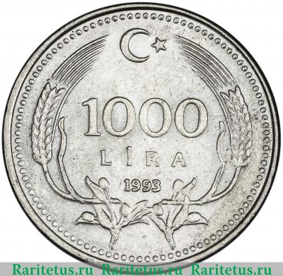 Реверс монеты 1000 лир (lira) 1993 года   Турция