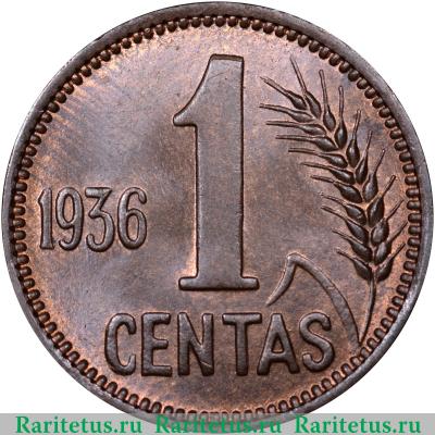 Реверс монеты 1 цент (centas) 1936 года   Литва