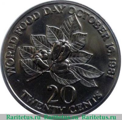 Реверс монеты 20 центов (cents) 1981 года FM  Ямайка