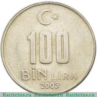 Реверс монеты 100000 лир (100 bin lira) 2003 года   Турция