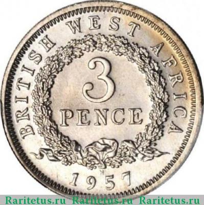 Реверс монеты 3 пенса (pence) 1957 года   Британская Западная Африка