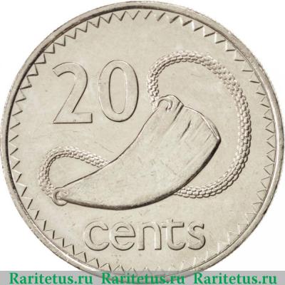 Реверс монеты 20 центов (cents) 1990 года   Фиджи
