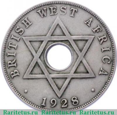 Реверс монеты 1 пенни (penny) 1928 года   Британская Западная Африка
