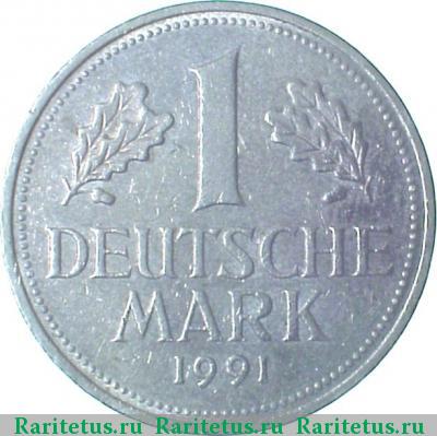 Реверс монеты 1 марка (deutsche mark) 1991 года J Германия