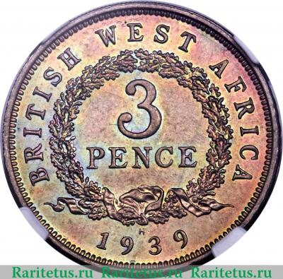 Реверс монеты 3 пенса (pence) 1939 года H Н Британская Западная Африка