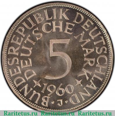 Реверс монеты 5 марок (deutsche mark) 1960 года J  Германия