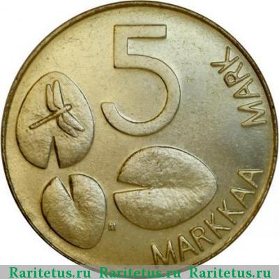 Реверс монеты 5 марок (markkaa) 1993 года M тюлень