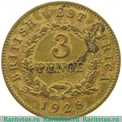 Реверс монеты 3 пенса (pence) 1928 года   Британская Западная Африка
