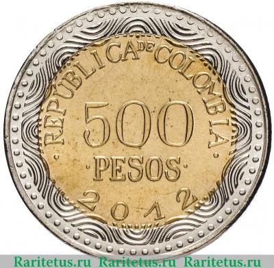 Реверс монеты 500 песо (pesos) 2012 года  лягушка Колумбия