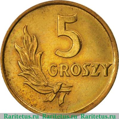 Реверс монеты 5 грошей (groszy) 1949 года  бронза Польша
