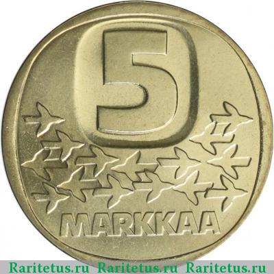 Реверс монеты 5 марок (markkaa) 1989 года М 