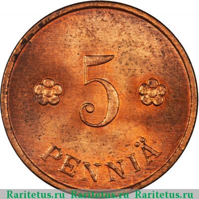 Реверс монеты 5 пенни (pennia) 1937 года  Финляндия
