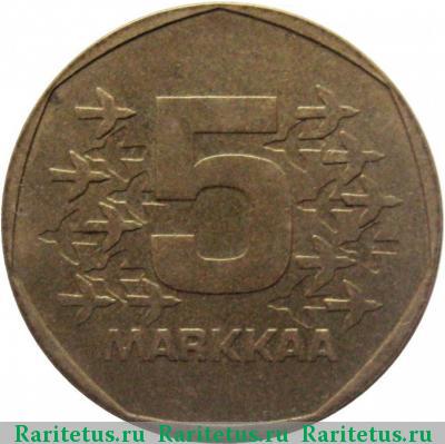 Реверс монеты 5 марок (markkaa) 1973 года S 