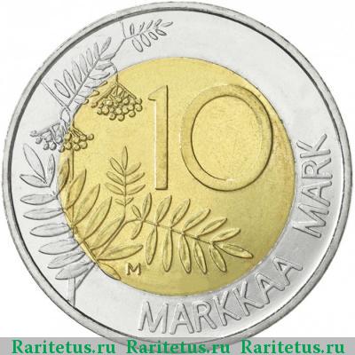 Реверс монеты 10 марок (markkaa) 1999 года М 