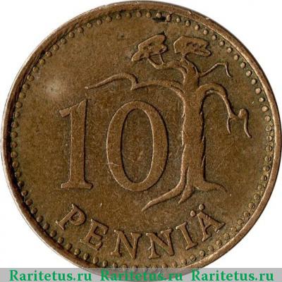 Реверс монеты 10 пенни (pennia) 1969 года S Финляндия