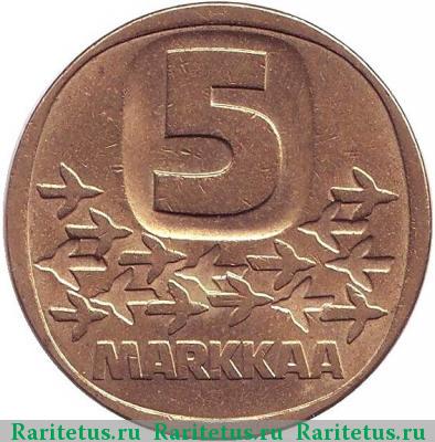 Реверс монеты 5 марок (markkaa) 1986 года N 