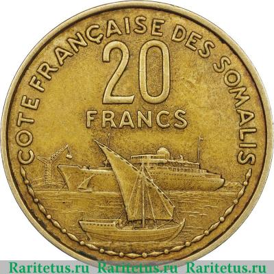 Реверс монеты 20 франков (francs) 1965 года   Французское Сомали