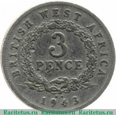 Реверс монеты 3 пенса (pence) 1943 года KN  Британская Западная Африка