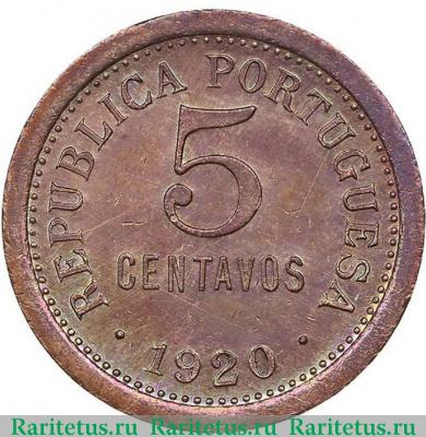Реверс монеты 5 сентаво (centavos) 1920 года   Португалия