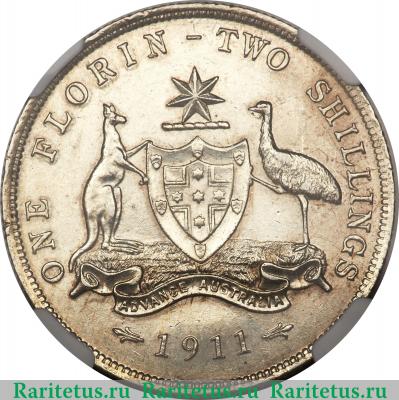 Реверс монеты 2 шиллинга (florin, shillings) 1911 года   Австралия
