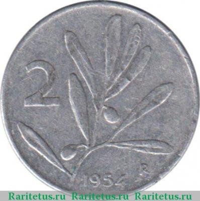 Реверс монеты 2 лиры (lire) 1954 года   Италия