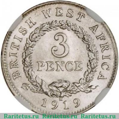 Реверс монеты 3 пенса (pence) 1919 года   Британская Западная Африка