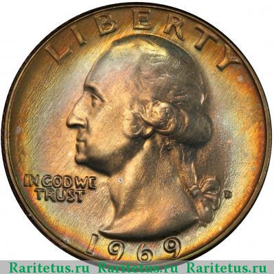 25 центов (квотер, 1/4 доллара, quarter dollar) 1969 года D США