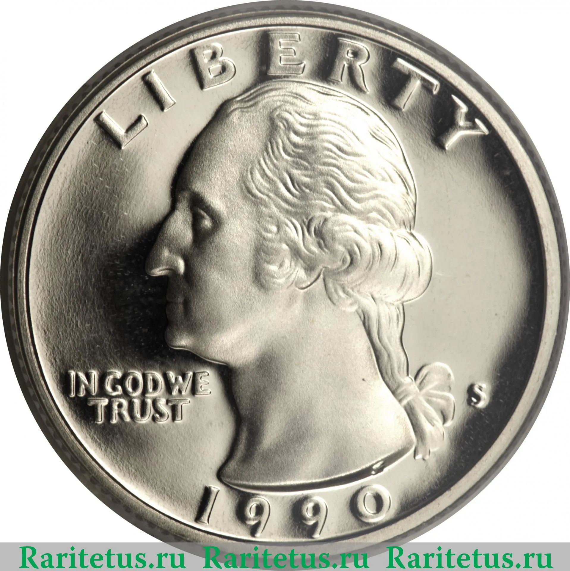 Цена монеты 25 центов (квотер, 1/4 доллара, quarter dollar) 1990 года S  proof, США 