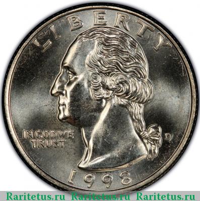 25 центов (квотер, 1/4 доллара, quarter dollar) 1998 года D США