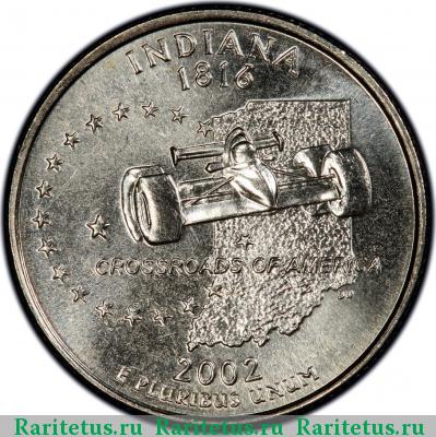 Реверс монеты 25 центов (квотер, 1/4 доллара, quarter dollar) 2002 года D Индиана США