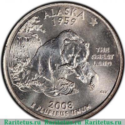 Реверс монеты 25 центов (квотер, 1/4 доллара, quarter dollar) 2008 года P Аляска США
