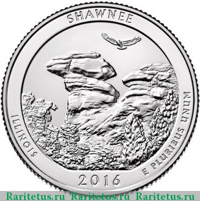 Реверс монеты 25 центов (квотер, 1/4 доллара, quarter dollar) 2016 года D лес Шони США