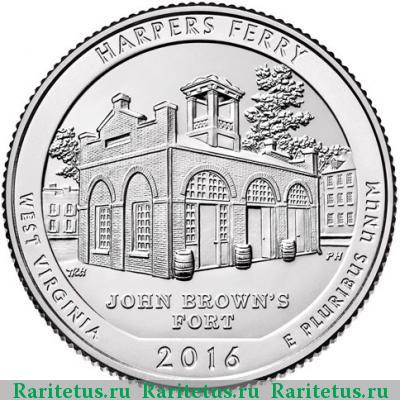Реверс монеты 25 центов (квотер, 1/4 доллара, quarter dollar) 2016 года P парк Харперс Ферри США