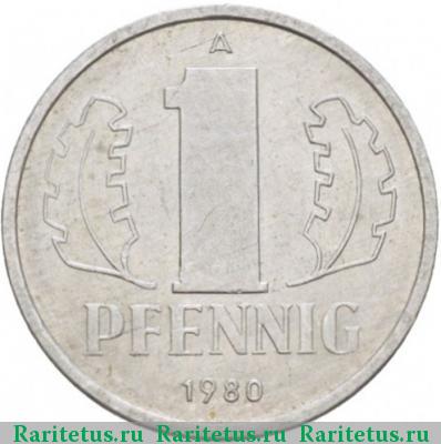 Реверс монеты 1 пфенниг (pfennig) 1980 года А 