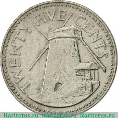 Реверс монеты 25 центов (cents) 1980 года   Барбадос