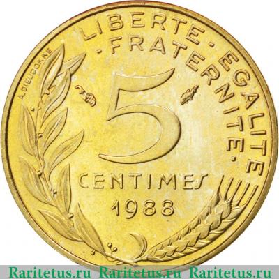 Реверс монеты 5 сантимов (centimes) 1988 года   Франция