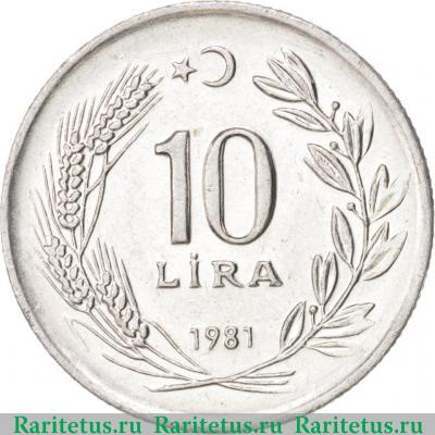 Реверс монеты 10 лир (lira) 1981 года   Турция