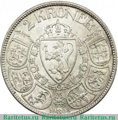 Реверс монеты 2 кроны (kroner) 1908 года   Норвегия
