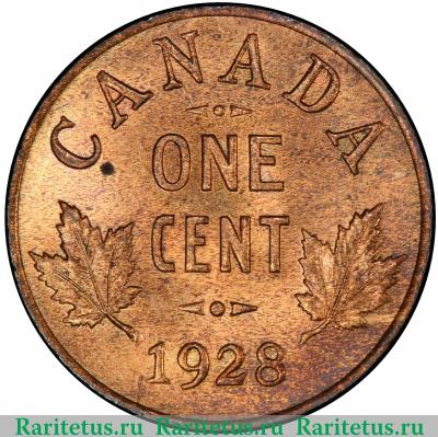 Реверс монеты 1 цент (cent) 1928 года   Канада