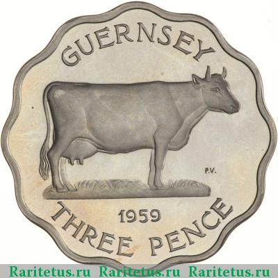 Реверс монеты 3 пенса (pence) 1959 года  Гернси