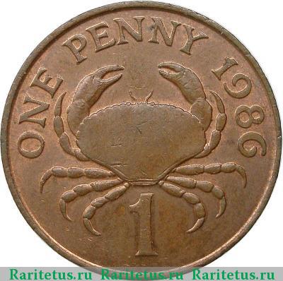 Реверс монеты 1 пенни (penny) 1986 года  Гернси