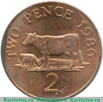 Реверс монеты 2 пенса (pence) 1986 года  Гернси