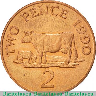 Реверс монеты 2 пенса (pence) 1990 года  Гернси