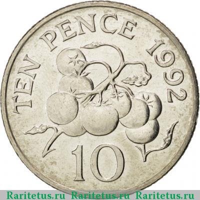 Реверс монеты 10 пенсов (pence) 1992 года  Гернси