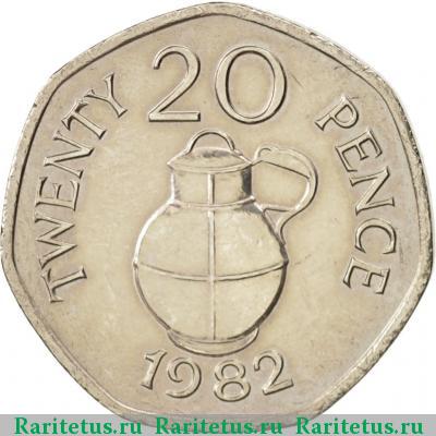 Реверс монеты 20 пенсов (pence) 1982 года  Гернси