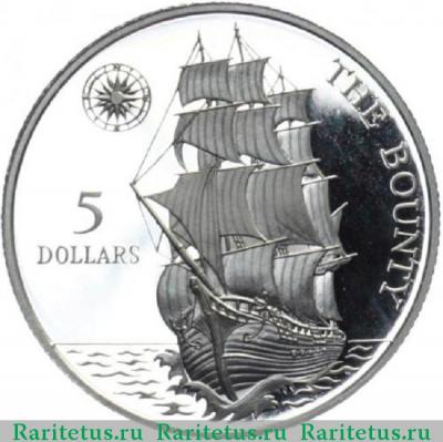 Реверс монеты 5 долларов (dollars) 1992 года  Баунти Ниуэ proof