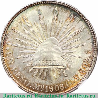 Реверс монеты 1 песо (peso) 1908 года  Мексика