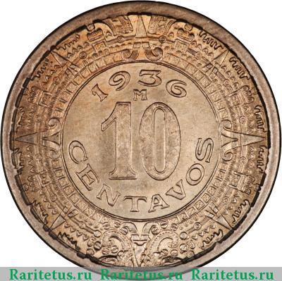 Реверс монеты 10 сентаво (centavos) 1936 года  Мексика