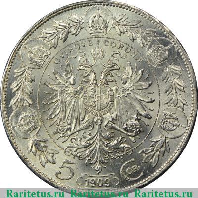 Реверс монеты 5 крон (corona) 1909 года  