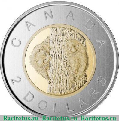 Реверс монеты 2 доллара (dollars) 2015 года  еноты Канада